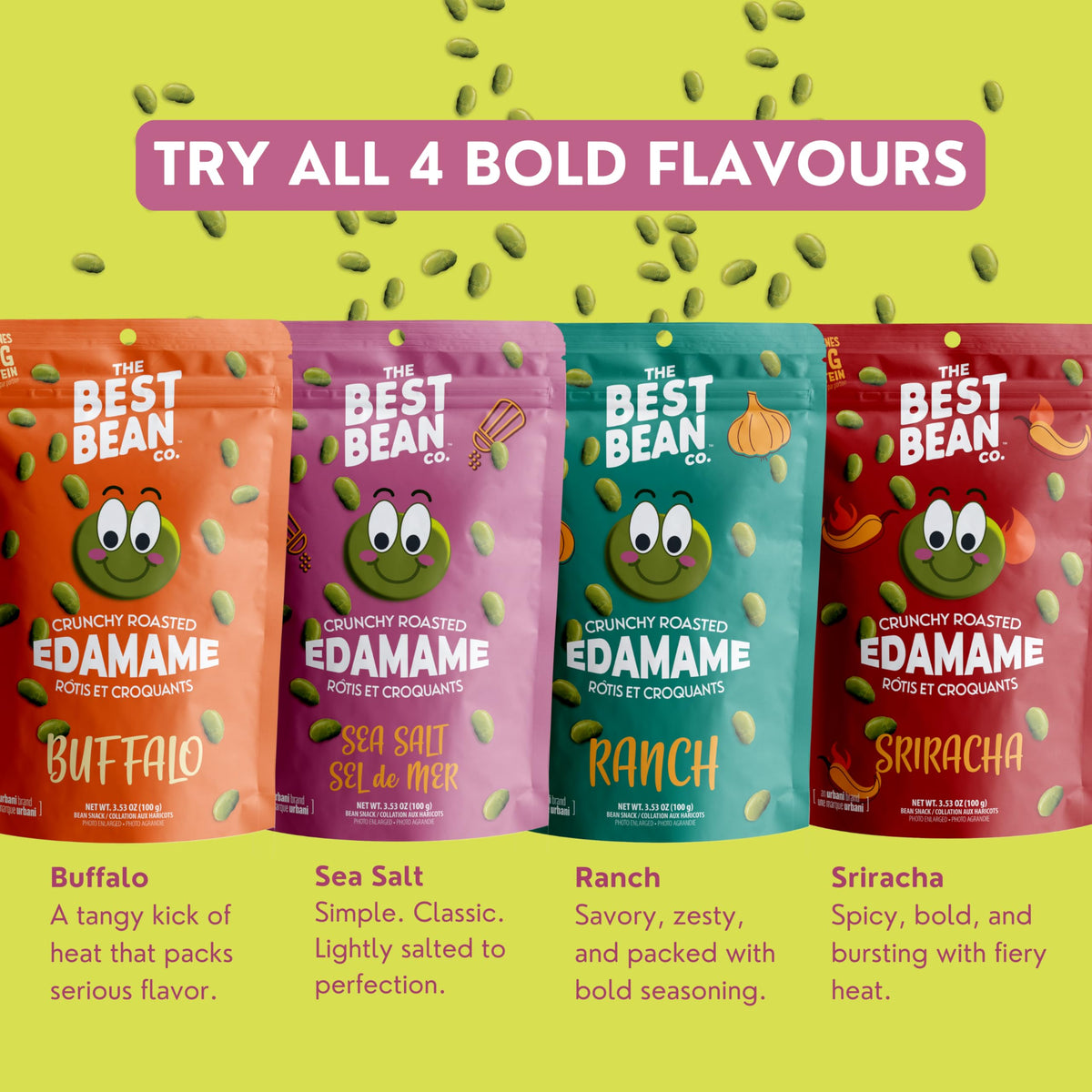 Close-up of Urbani Best Bean Co edamame bags reveals crisp roasted texture