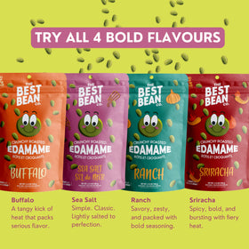 Close-up of Urbani Best Bean Co edamame bags reveals crisp roasted texture