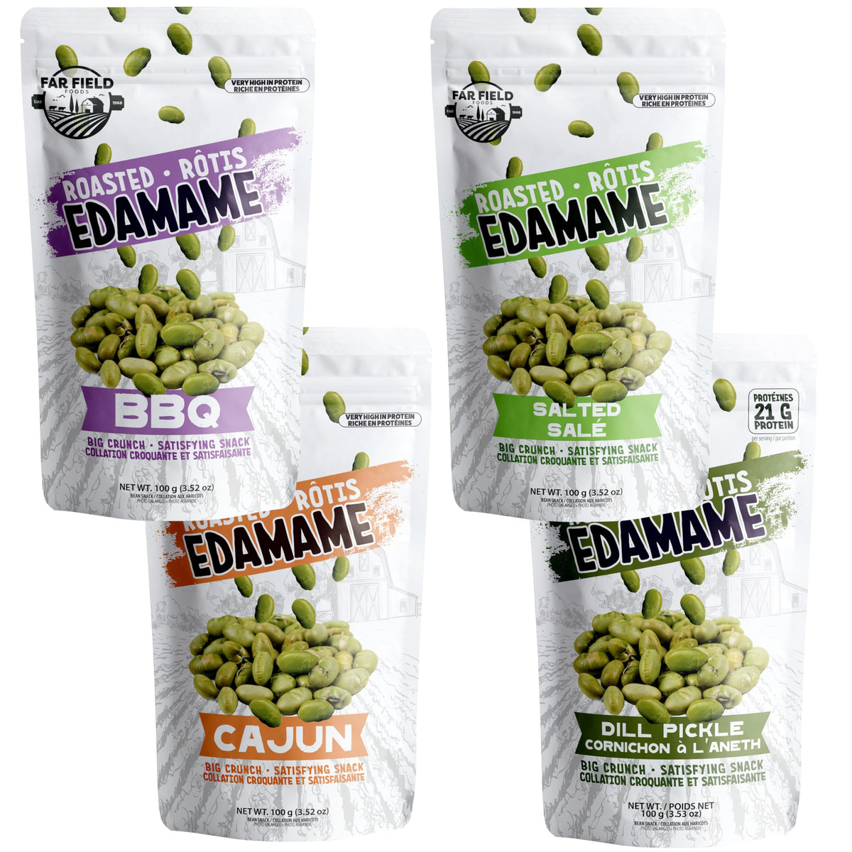 Urbani Far Field Crunchy Roasted Edamame bag front view highlighting high protein per serving.