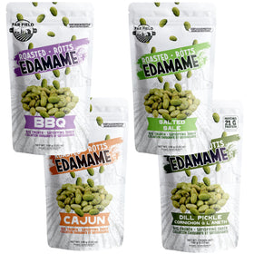 Urbani Far Field Crunchy Roasted Edamame bag front view highlighting high protein per serving.