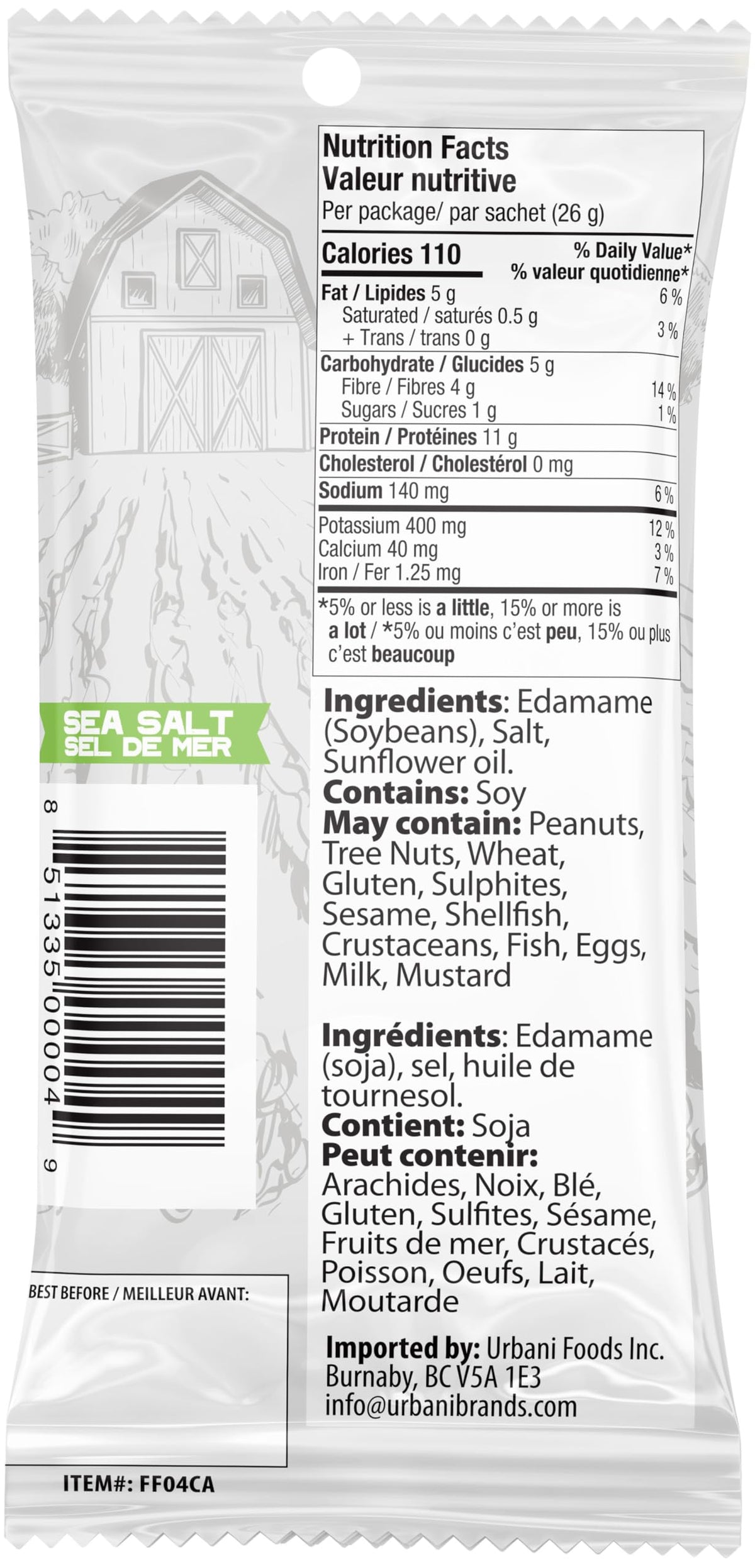 Urbani Far Field crunchy edamame close-up highlights protein-packed crunch.