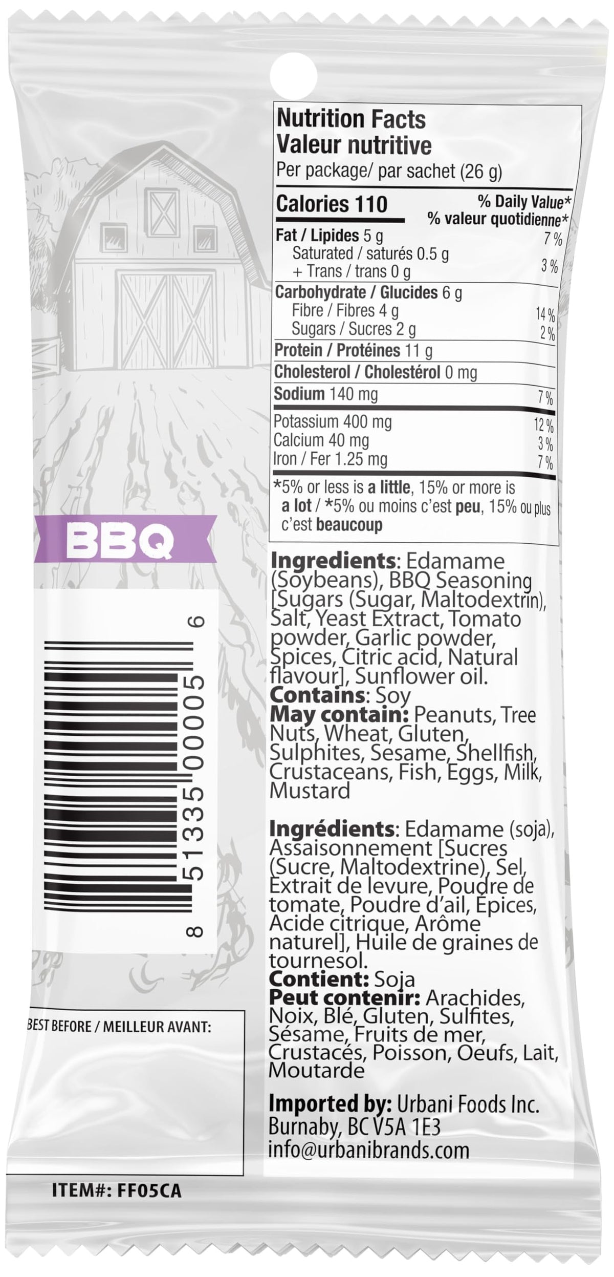 Urbani Far Field Edamame BBQ crunch close-up showcases crisp texture for on-the-go snacking.