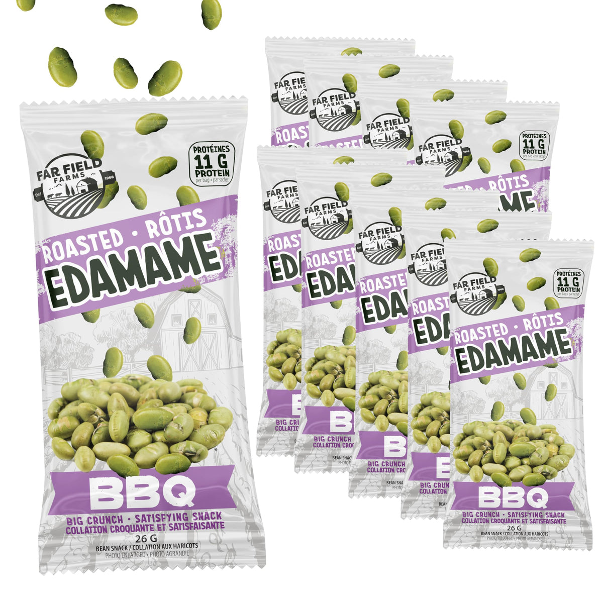 Urbani Far Field Edamame BBQ ten-pack front view highlights portable protein snack option.