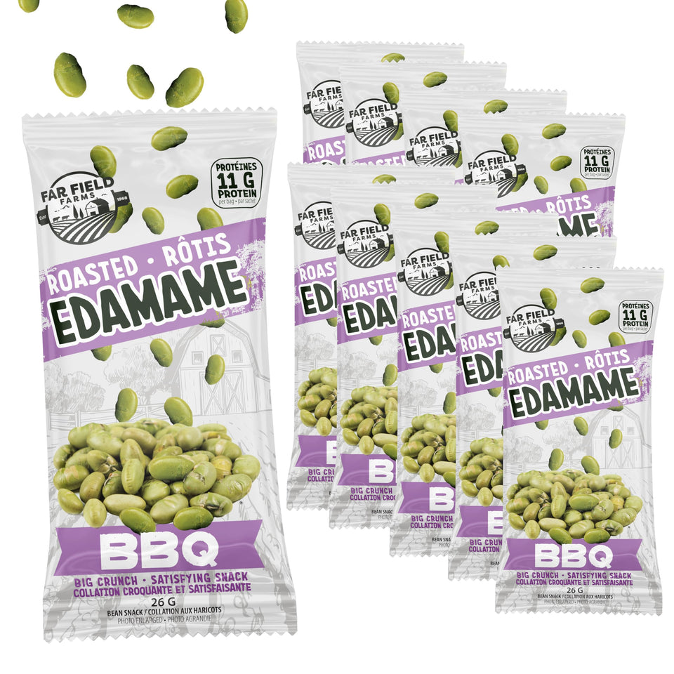 Urbani Far Field Edamame BBQ ten-pack front view highlights portable protein snack option.