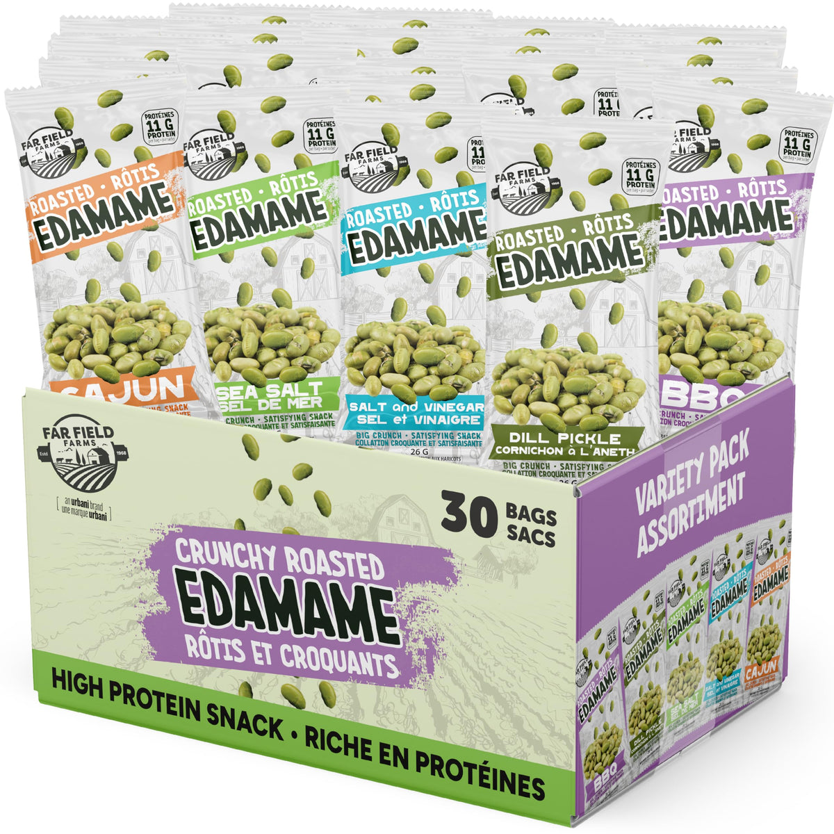 Urbani Far Field Crunchy Edamame Dill Pickle bag showing savory crunch and portability