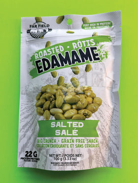 Urbani Far Field edamame on-the-go snack, convenient protein boost anywhere.