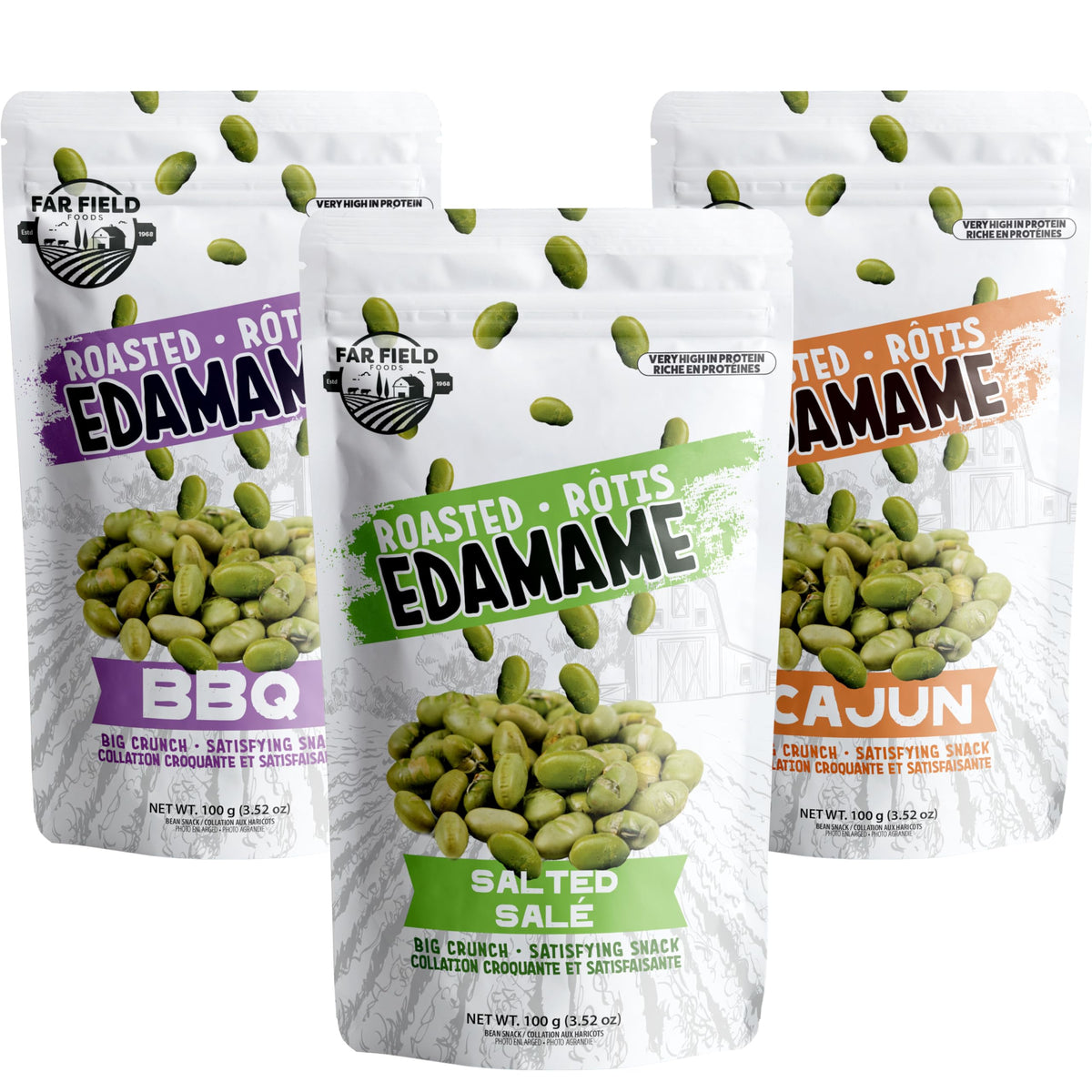 Urbani Far Field salted-edamame crunch, savory protein-rich snack for busy days.