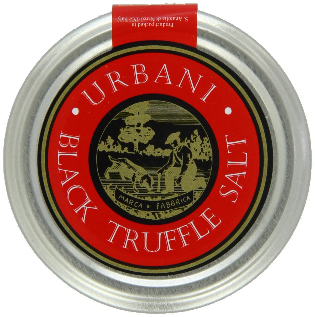 Urbani Truffles black truffle salt bottle for gourmet finishing.
