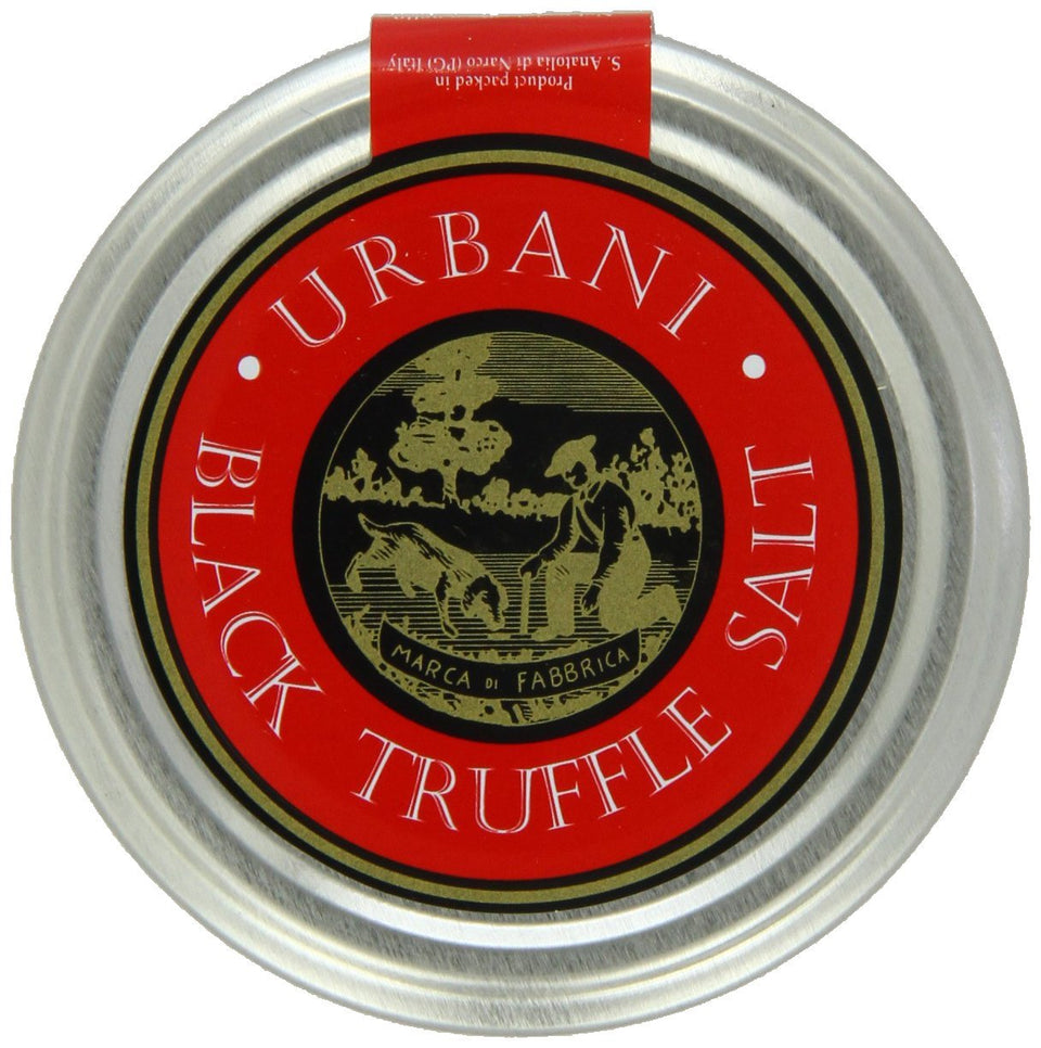 Urbani Truffles black truffle salt bottle for gourmet finishing.