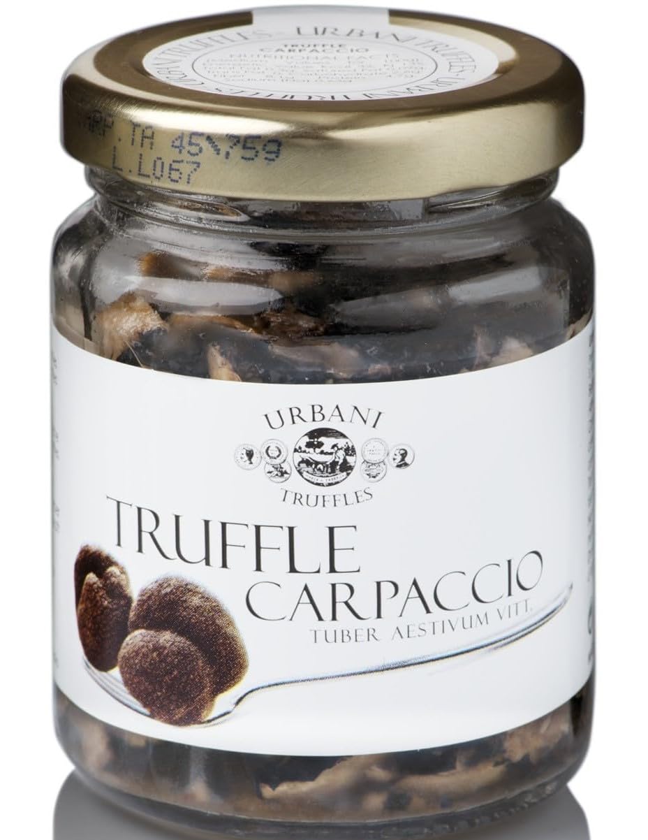 Urbani Truffles shaved summer black truffle carpaccio slices in jar for authentic pasta depth.