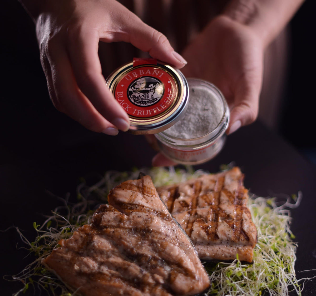 Urbani Truffles white truffle salt bottle to elevate aroma.