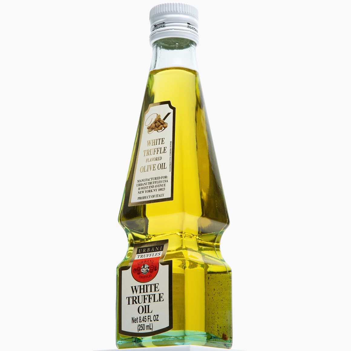 Urbani White Truffle Oil closeup highlights premium ingredients and color.