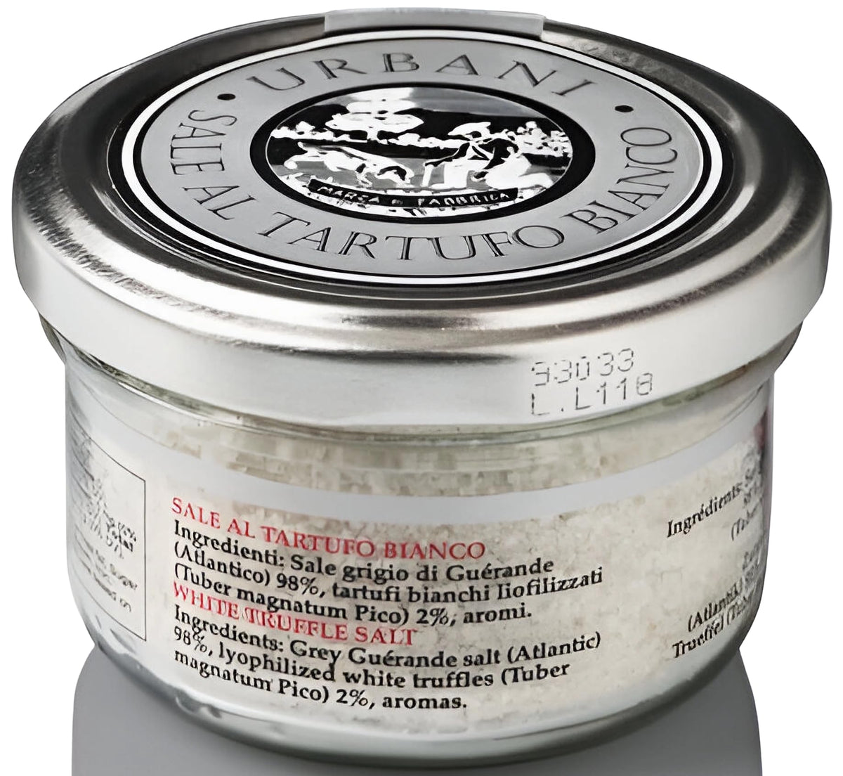 Urbani White Truffle Salt jar close-up showing real truffle pieces.