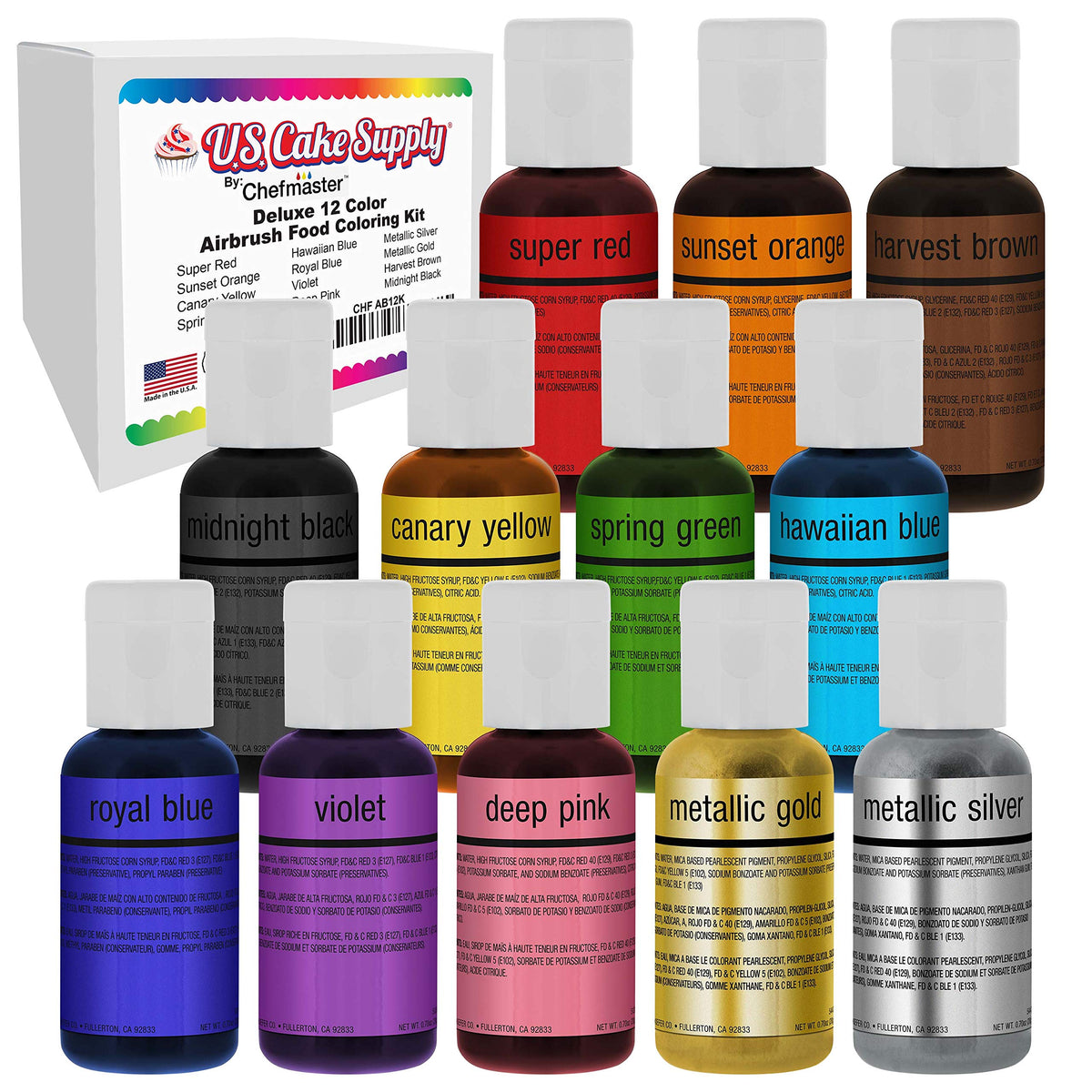 U.S. Cake Supply airbrush color set—12 bottles for bright cake decoration.