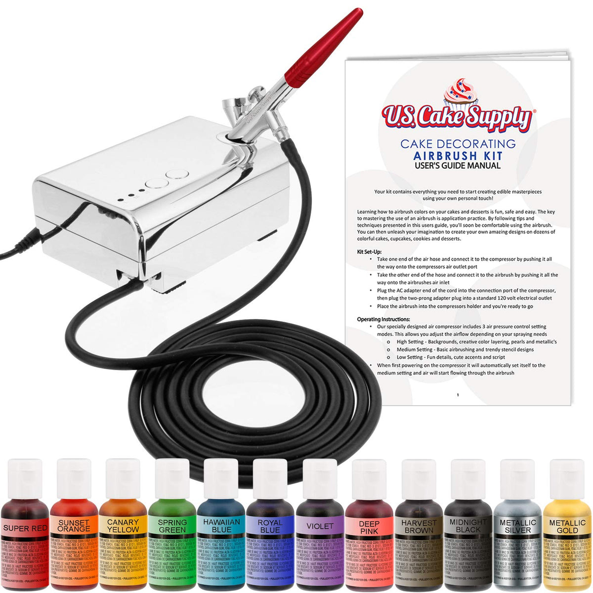 US Cake Supply airbrush kit in box for cake decorating inspiration.