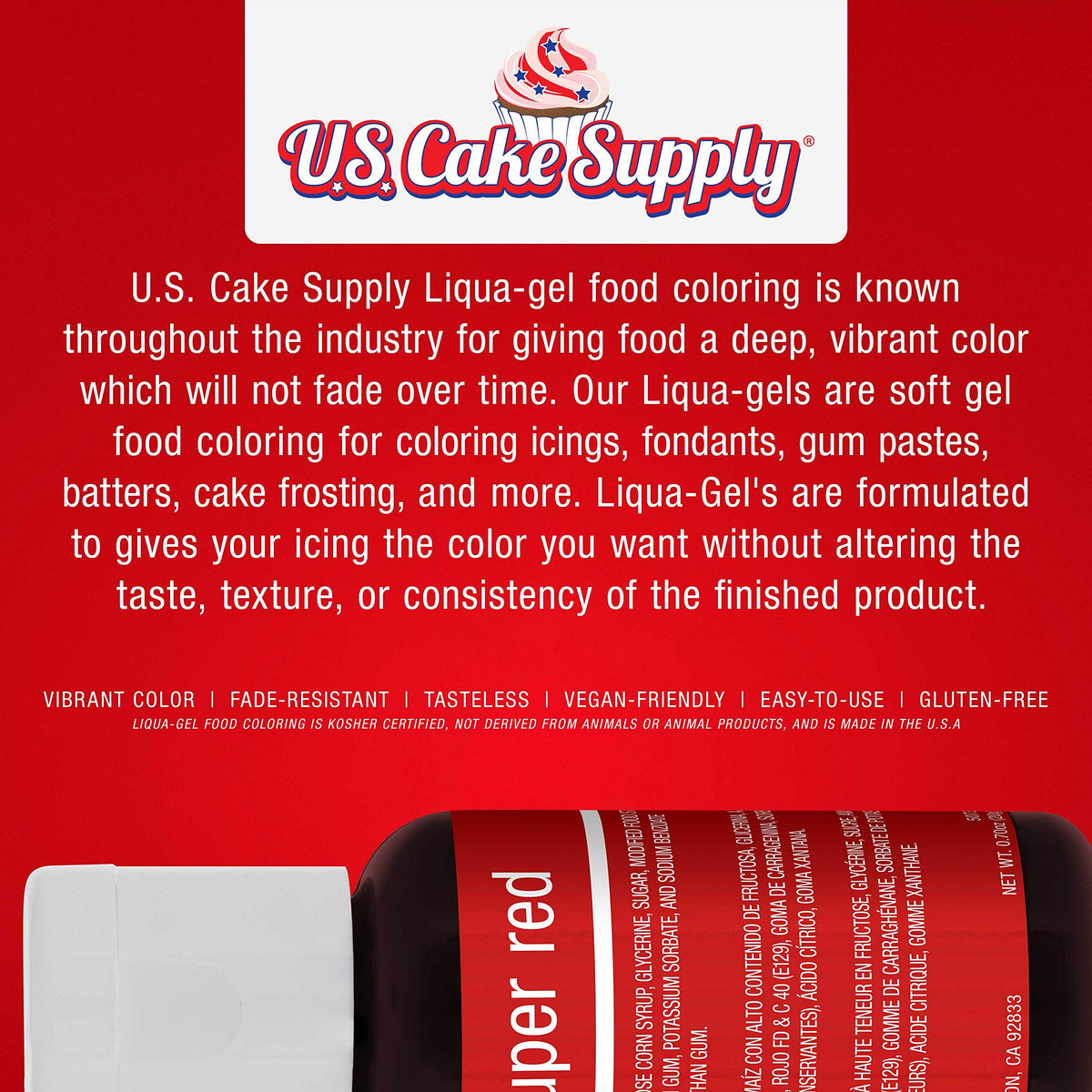 U.S. Cake Supply Liqua-Gel colors dispense drops for repeatable results.