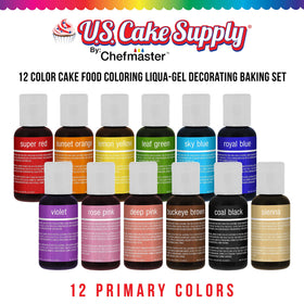 U.S. Cake Supply Liqua-Gel colors swatches show vibrant primary shades.