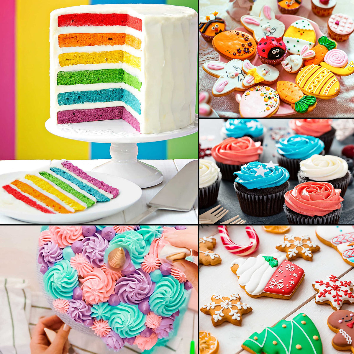 US Cake Supply Liqua-Gel pack-shot conveys twelve-color selection and a ready-to-use kit
