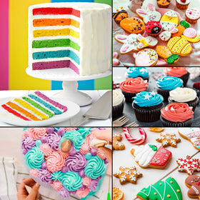 US Cake Supply Liqua-Gel pack-shot conveys twelve-color selection and a ready-to-use kit