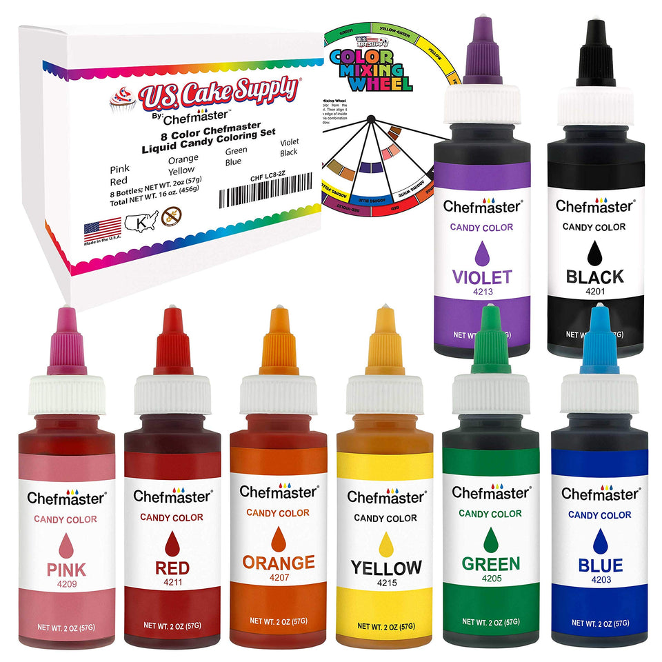 US Cake Supply liquid color kit 8-bottle set with pourable bottles for precise shading
