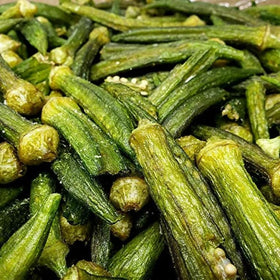 US Snacks Dried Okra Chips sea salt hero shot, crisp texture and natural okra flavor.