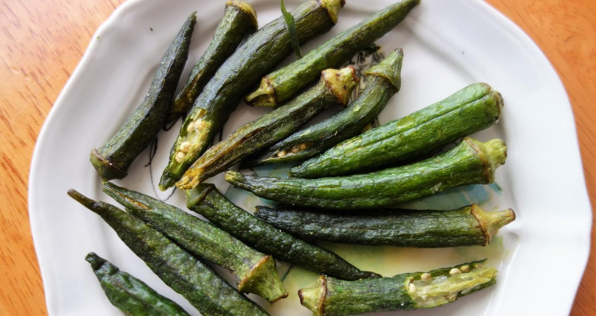 US Snacks Dried Okra Chips sea salt ingredient panel, simple ingredients with no added sugar.