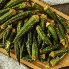 US Snacks Dried Okra Chips sea salt texture closeup, light seasoning highlights natural taste.