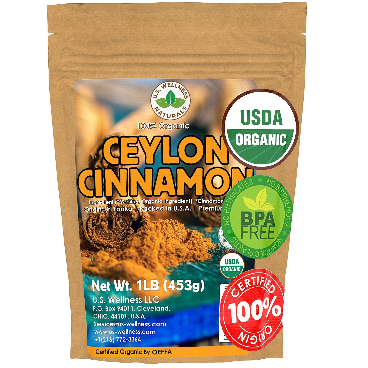 US Wellness Naturals Ceylon Cinnamon powder jar front for premium flavor