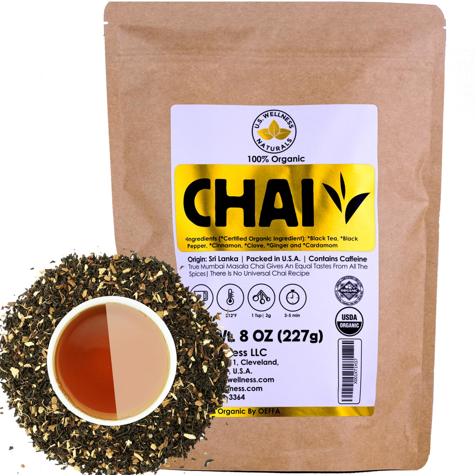US Wellness Naturals Classic Chai loose leaf with CEYLON black tea and spices, ideal for a chai latte.