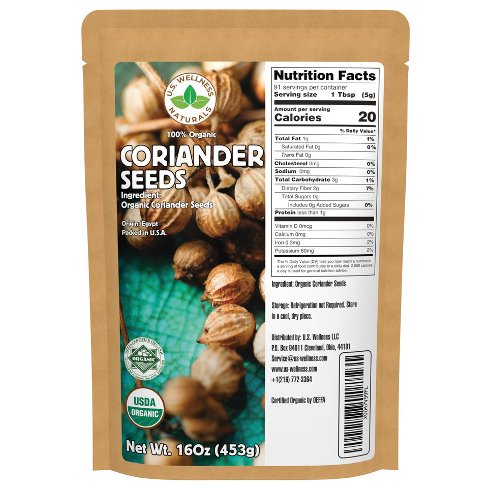 US Wellness Naturals coriander seeds in bag for fresh organic flavor in curry dishes.