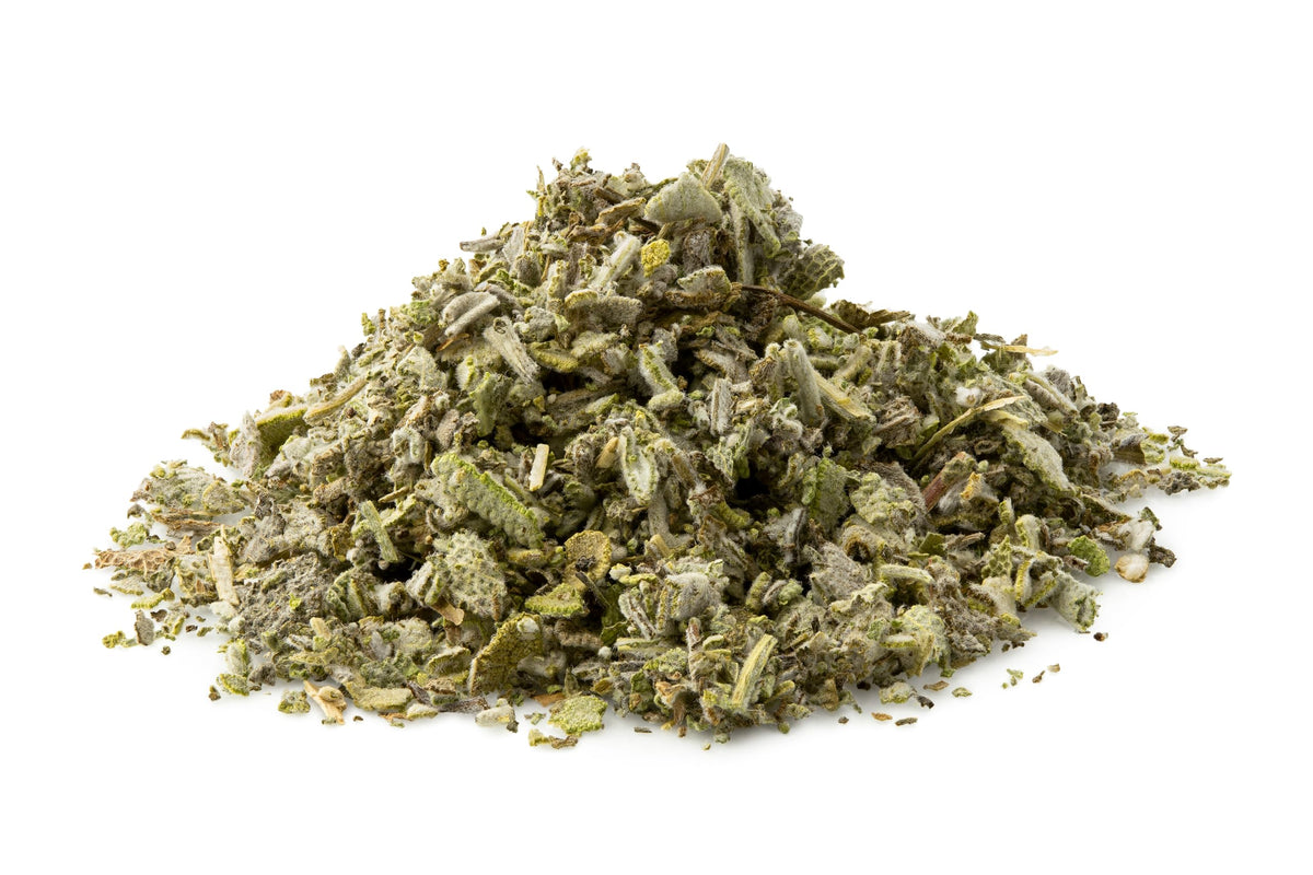 Close-up of cut-and-sifted sage leaves delivering robust aroma by U.S. Wellness Naturals.