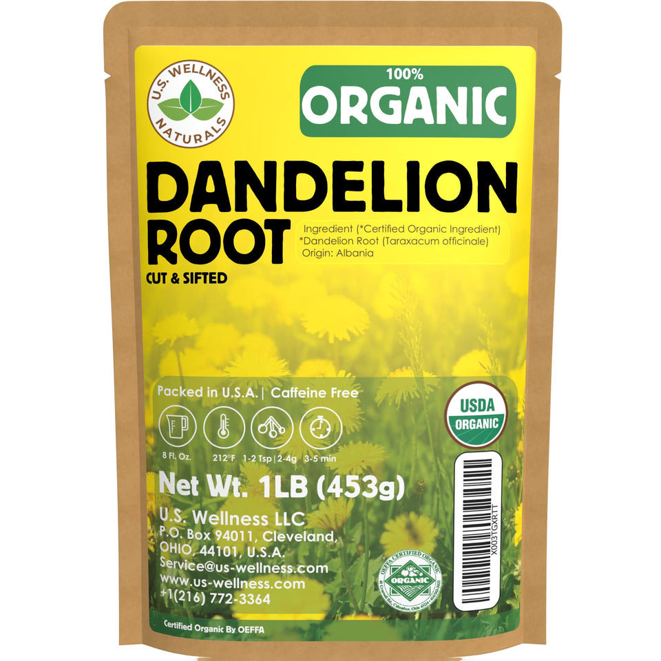 US Wellness Naturals dandelion root tea packaging preserves freshness for long-lasting aroma.