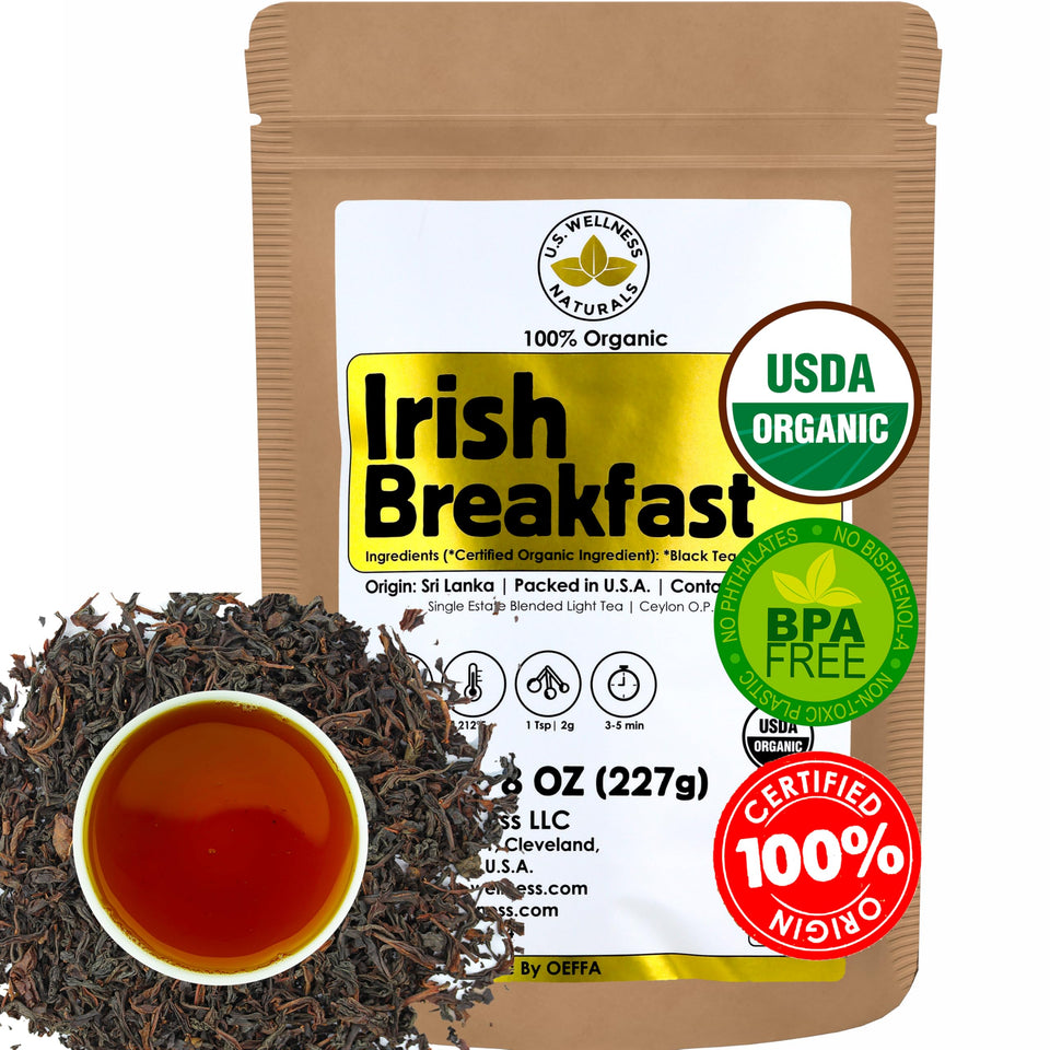 US Wellness Naturals Irish Breakfast Tea loose leaf showcases crisp aroma and bold flavor