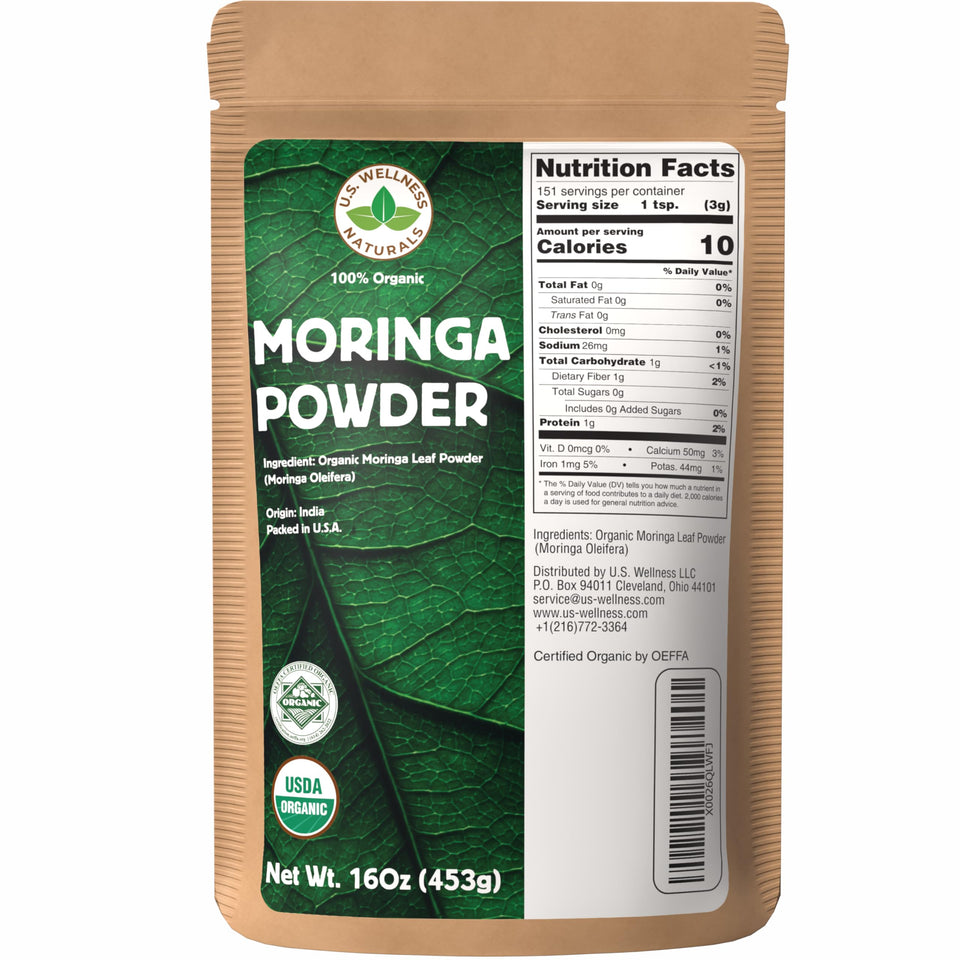 US Wellness Naturals Moringa powder bag; resealable pouch preserves freshness for daily use.