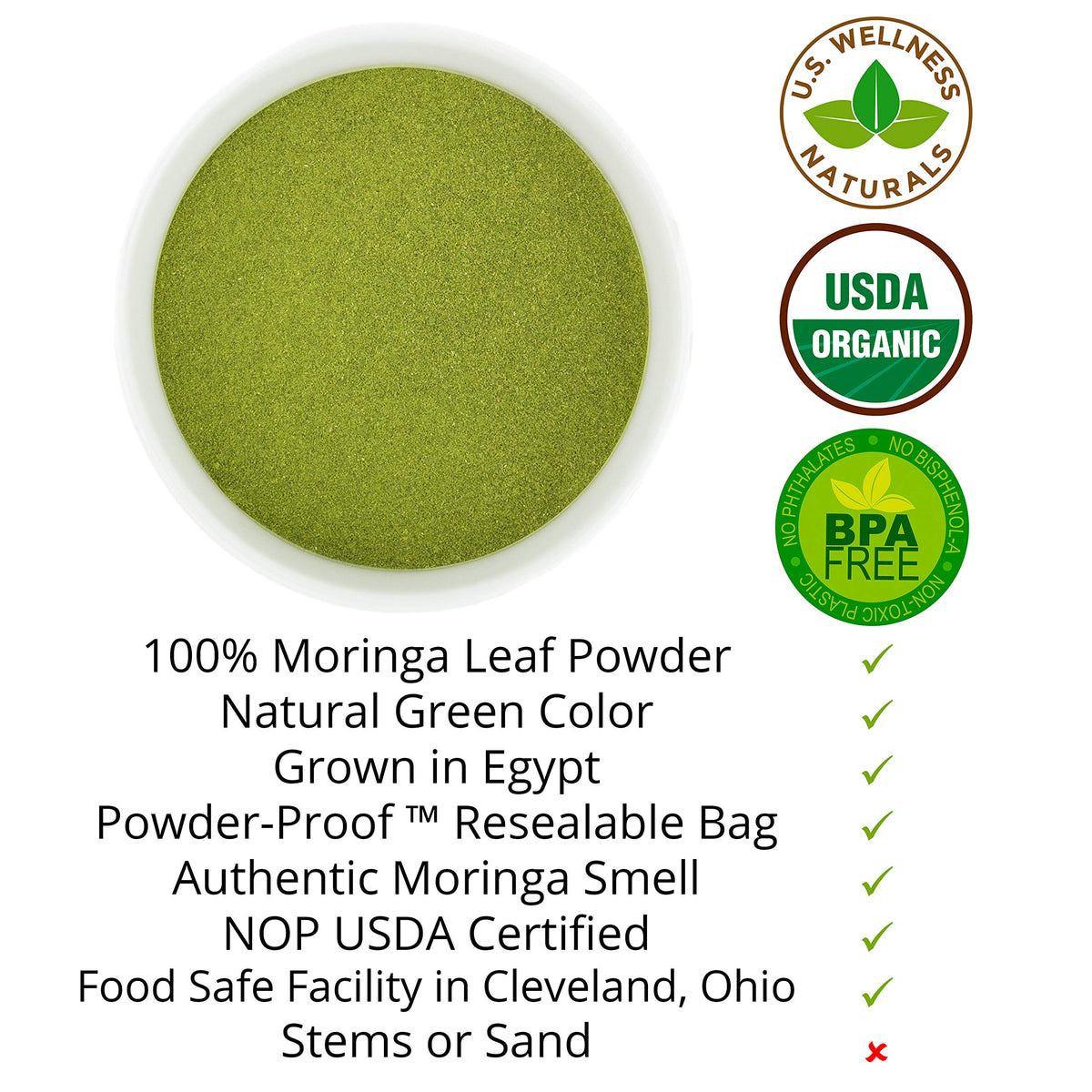 US Wellness Naturals Moringa powder scoop; precise portions for smoothies and tea.
