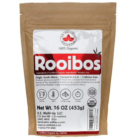 US Wellness Naturals Rooibos Tea packaging close-up, certified organic and caffeine-free.