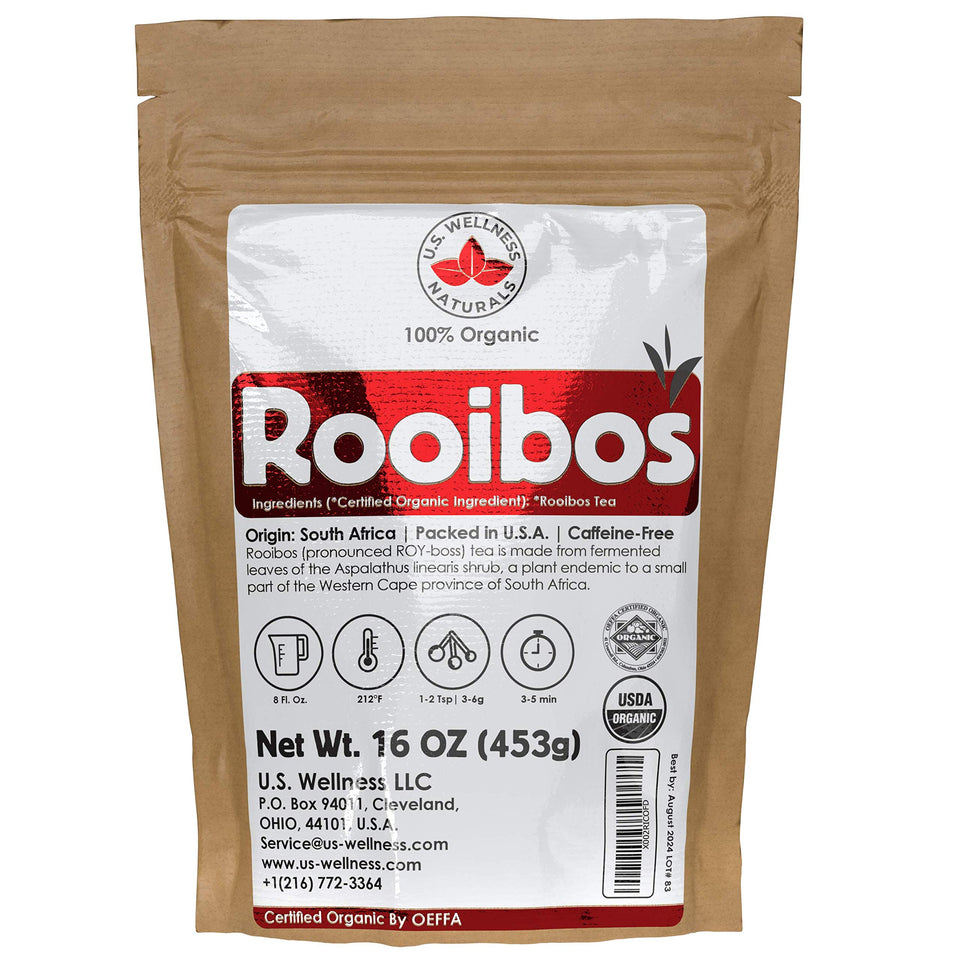 US Wellness Naturals Rooibos Tea packaging close-up, certified organic and caffeine-free.