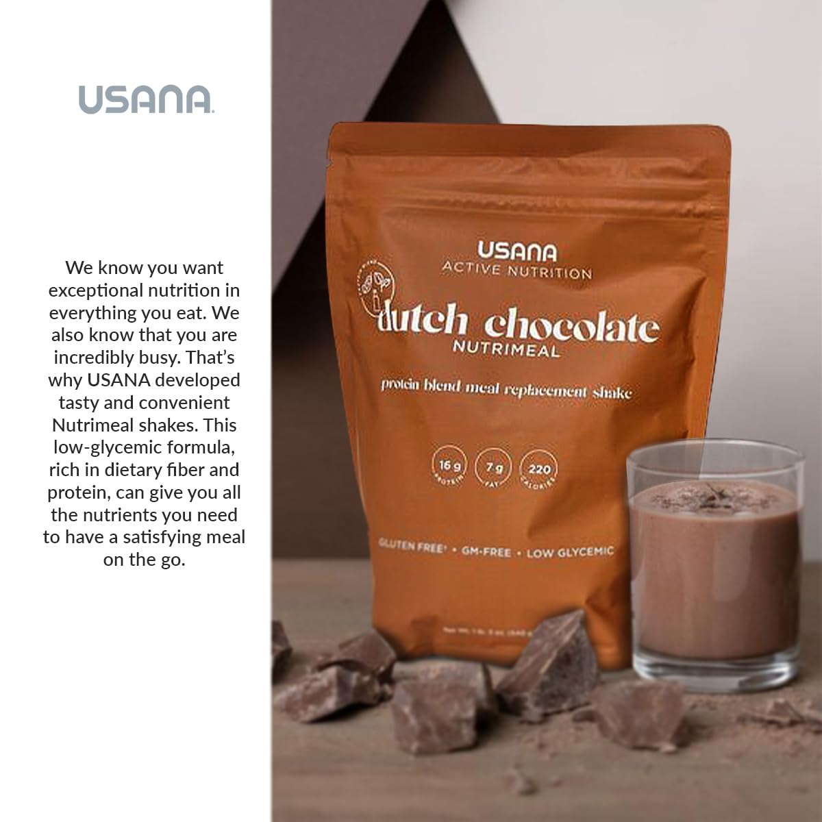 USANA packaging Dutch Chocolate shake jar front compact 540 g with nine servings.