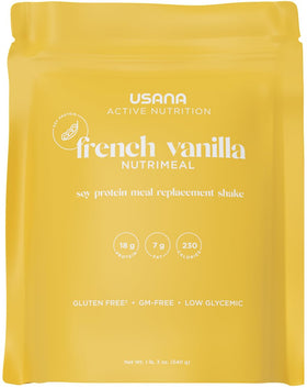 USANA Nutrimeal French Vanilla bottle highlights convenient on-the-go nutrition.