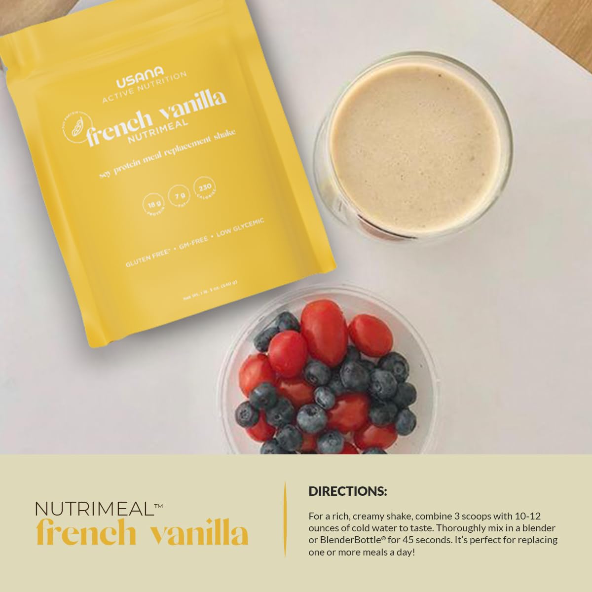 USANA Nutrimeal French Vanilla measuring scoop demonstrates convenient portion control.