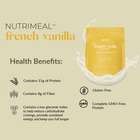 USANA Nutrimeal French Vanilla packaging denotes low glycemic, balanced macros.