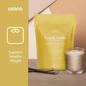 USANA Nutrimeal French Vanilla serving cup highlights satisfying 15 g protein.