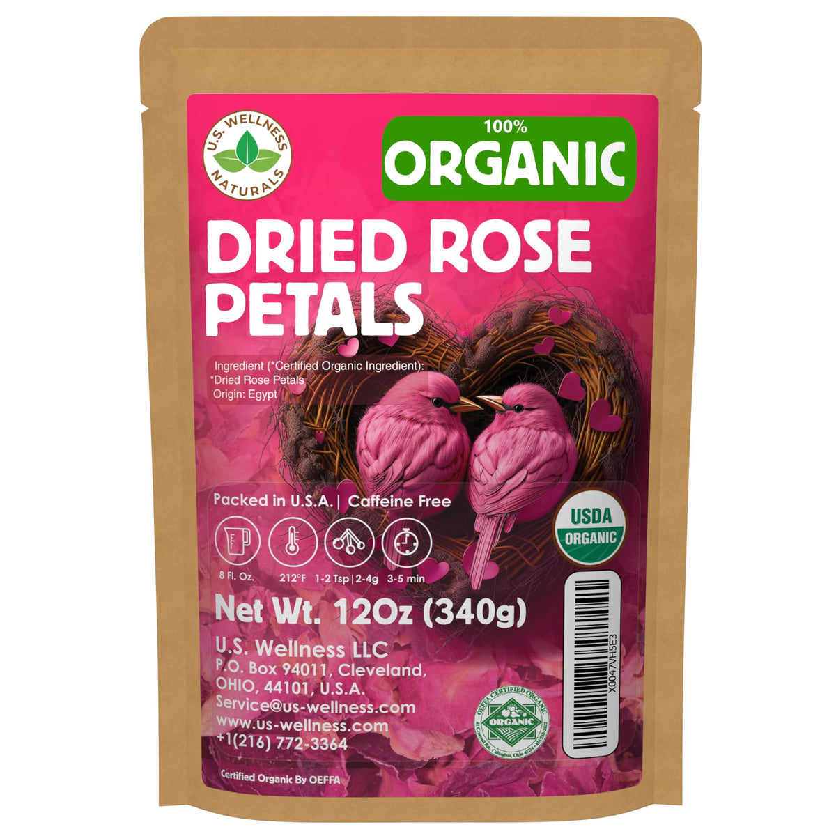 U.S. Wellness Naturals organic rose petals ideal for tea infusion and aroma.