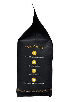 Utica Coffee Cannoli bag back shows roast level and tasting notes for informed brewing.