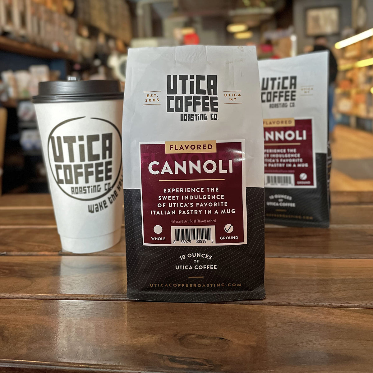 Utica Coffee Cannoli packaging on shelf emphasizes premium flavor and gift-worthy presentation.