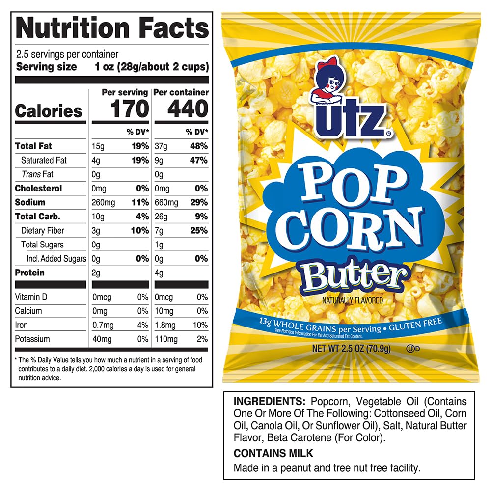 Utz Butter Popcorn 14-pack back view shows gluten-free and whole grain info.