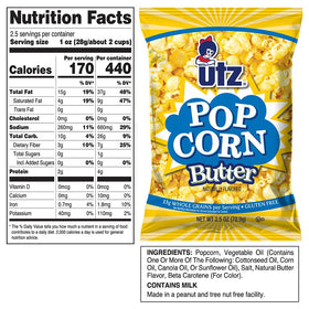 Utz Butter Popcorn 14-pack back view shows gluten-free and whole grain info.