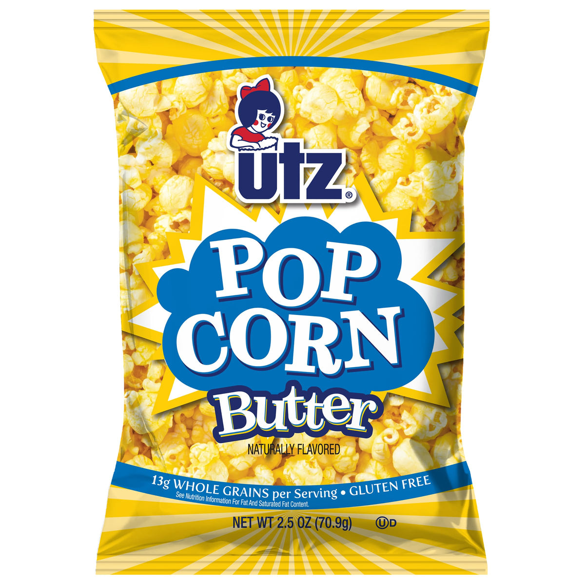 Utz Butter Popcorn 14-pack bags front view for on-the-go snacking.