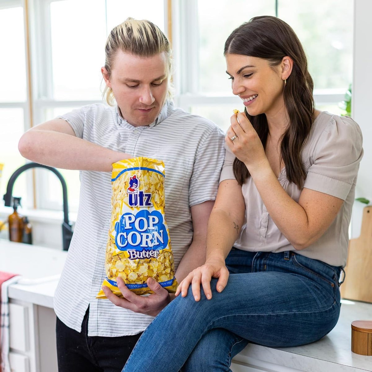 Utz Butter Popcorn 2.5 oz bag close-up highlights buttery flavor and light crunch.