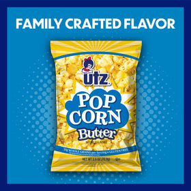 Utz Butter Popcorn bag with packaging, showcasing a classic snack choice.